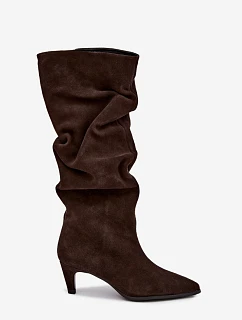 Kožené semišové kozačky Slouchy zateplené na podpatku Vinceza 89167 Hnědé