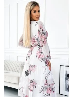 436-2 VALENTINA Midi šaty s výstřihem a páskem - BÍLÉ S RŮŽEMI