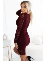 170-14 Krajkové šaty s dlouhými rukávy a výstřihem - DARK maroon 170-14 Krajkové šaty s dlouhými rukávy a výstřihem - DARK maroon