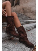 Dámské kozačky s obráceným svrškem do poloviny lýtka s přezkou hnědé Minelle