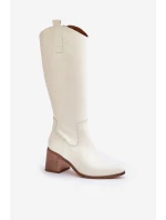 Kožené Holinky Před Kolena Na Podpatku Bílé Zazoo 3675