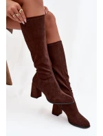 Dámské kozačky na podpatku z eko semiše čokoládové Yelisse