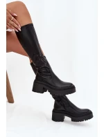 Dámské kozačky na masivním podpatku a platformě, nazouvací Florinne – černé Dámské kozačky na masivním podpatku a platformě, nazouvací Florinne – černé