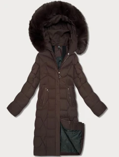 Dlouhá hnědá dámská bunda s kapucí (7665#)