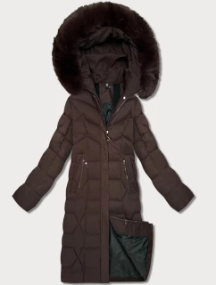 Dlouhá hnědá dámská bunda s kapucí (7665#)