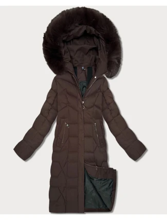 Dlouhá hnědá dámská bunda s kapucí (7665#)