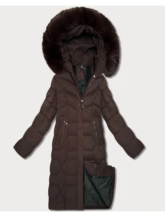 Dlouhá hnědá dámská bunda s kapucí (7665#)