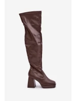Přiléhavé kozačky nad kolena na podpatku tmavě hnědé Sanniraen