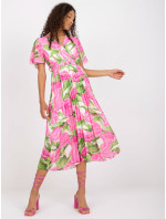 Růžové a zelené plisované šaty jedné velikosti s květinovým potiskem