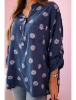 Lněná dámská halenka s květinovým vzorem, dlouhými rukávy a knoflíky Džínová