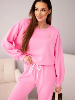 Dámská souprava máslová mikina s broží a kalhoty s rovnou nohavicí světle růžový