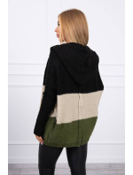 Tříbarevný svetr s kapucí černý+béžový+khaki