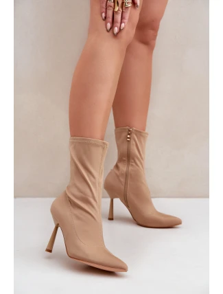 Materiálové Botky Na Jehlovém Podpatku Tmavě Béžové Amune