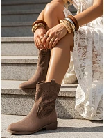 Dámské prolamované kozačky na nízkém podpatku hnědé FashionStreet ZY1432