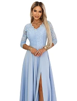 309-15 AMBER elegantní dlouhé krajkové šaty s výstřihem - modré