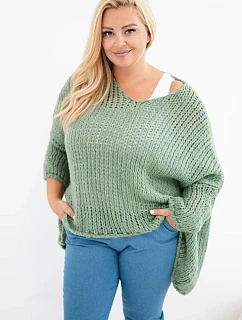 Dámský oversized průsvitný svetr s výstřihem do V a delším zadním dílem khaki
