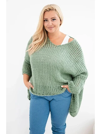 Dámský oversized průsvitný svetr s výstřihem do V a delším zadním dílem khaki