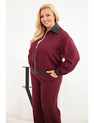 Dámská souprava Plus Size s mikinou na zip a širokými kalhotami bordó Dámská souprava Plus Size s mikinou na zip a širokými kalhotami bordó