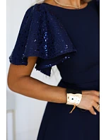 694-4 MIRELLA Elegantní maxišaty s rozšiřujícím se střihem a flitrovými rukávy – tmavě modré 694-4 MIRELLA Elegantní maxišaty s rozšiřujícím se střihem a flitrovými rukávy – tmavě modré