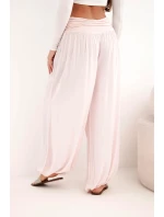 Dámské viskózové kalhoty se širokými nohavicemi a nařasením pudrově růžové