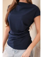 Dámská žebrovaná halenka z viskózy s vodopádovým výstřihem a nařasením tmavě modrá