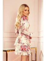 CAROLINE - Dámské šaty s volánky, přeloženým obálkovým výstřihem a s květinovým vzorem na světlém pozadí 297-2 CAROLINE - Dámské šaty s volánky, přeloženým obálkovým výstřihem a s květinovým vzorem na světlém pozadí 297-2