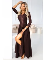 309-14 AMBER elegantní dlouhé krajkové šaty s výstřihem - čokoládové