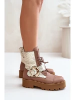 Zazoo 2942 Kožené Boty Worker Se Zlatým Sponou Béžové