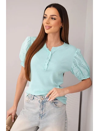 Dámská bavlněná žebrovaná halenka s nabíraným rukávem a knoflíky tmavě mátová Dámská bavlněná žebrovaná halenka s nabíraným rukávem a knoflíky tmavě mátová