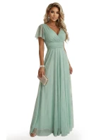 635-8 MELANIA dlouhé třpytivé šaty s výstřihem a krátkými rukávy - pistáciová barva