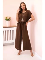Viskózový komplet plisovaná halenka + kalhoty hnědý