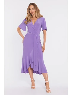 M912 Zavinovací midi šaty s volánem a řasením - světle fialové