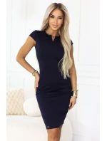 608-2 Smyslné tužkové šaty s krátkými rukávy a ozdobným výstřihem - tmavě modré 608-2 Smyslné tužkové šaty s krátkými rukávy a ozdobným výstřihem - tmavě modré