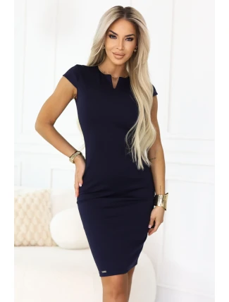 608-2 Smyslné tužkové šaty s krátkými rukávy a ozdobným výstřihem - tmavě modré 608-2 Smyslné tužkové šaty s krátkými rukávy a ozdobným výstřihem - tmavě modré