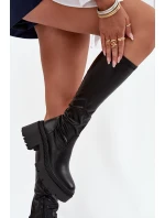 Dámské kozačky na masivním podpatku a platformě, nazouvací Florinne – černé Dámské kozačky na masivním podpatku a platformě, nazouvací Florinne – černé