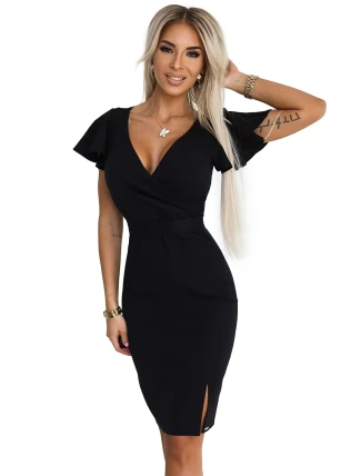 479-9 NINA elegantní šaty s obálkovým výstřihem, rukávy a páskem - ČERNÁ 479-9 NINA elegantní šaty s obálkovým výstřihem, rukávy a páskem - ČERNÁ