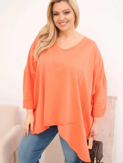 Dámská bavlněná blůza Plus Size s asymetrickým spodním lemem a V výstřihem meruňková