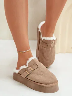 Dámské Pantofle Na Silné Podešvi S Kožešinou A Přezkou Tmavě Béžové Linneola