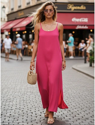 Dámské letní maxi šaty s viskózou, fuchsiová barva, FashionStreet EY2663 Dámské letní maxi šaty s viskózou, fuchsiová barva, FashionStreet EY2663