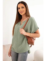 Dámská bavlněná mušelínová halenka oversize s výstřihem do V a krajkou khaki