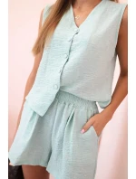 Dámská viskózová souprava – vesta na knoflíky a šortky mátová melanž