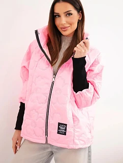 Dámská jarní prošívaná bunda s ozdobným ražením a zipem bonbónově růžová