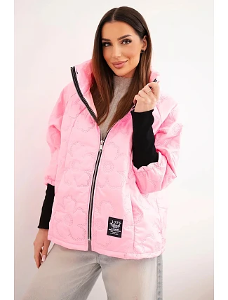 Dámská jarní prošívaná bunda s ozdobným ražením a zipem bonbónově růžová