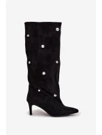 Dámské nazouvací kozačky na jehlovém podpatku Thaliane se stříbrnými ozdobami – černé