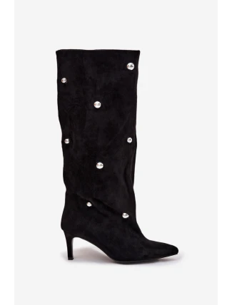 Dámské nazouvací kozačky na jehlovém podpatku Thaliane se stříbrnými ozdobami – černé