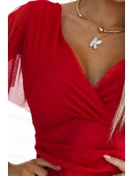 562-7 NASTIA Dlouhé šaty s výstřihem a krátkými rukávy - ČERVENÉ