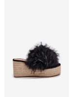 Dámské klapky na klínu s kožíškem a pletením černé Virela