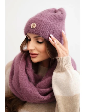 Dámský komplet s čepicí a šálou z měkké pleteniny tmavě růžový