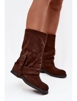 Dámské kozačky s obráceným svrškem do poloviny lýtka s přezkou hnědé Minelle