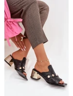Kožené sandály na podpatku s ozdobnou páskou D&A CR61-3063 Černé